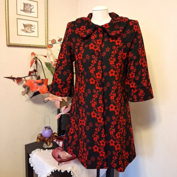 NEW Women’s Elegant Pea Coat Red Black Floral Lined Trench Coat ¾ Sleeve 16 XL - Picture 5 of 10